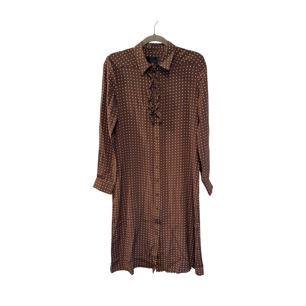 Nili Lotan 6 Sasha Midi Shirt Dress $795 Polka Dot 100% Silk Ruffle Brown - Picture 4 of 13
